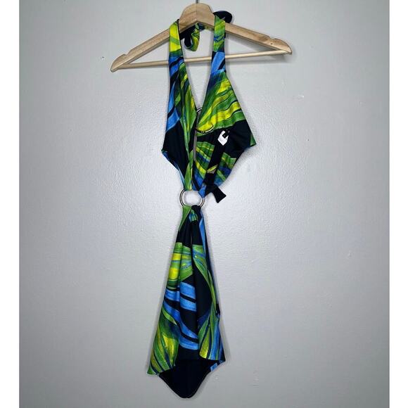 Louisa Ballou Ssense Cut Out Sex Wrap Mini Dress Blue & Yellow/Green Size Small - Picture 2 of 9